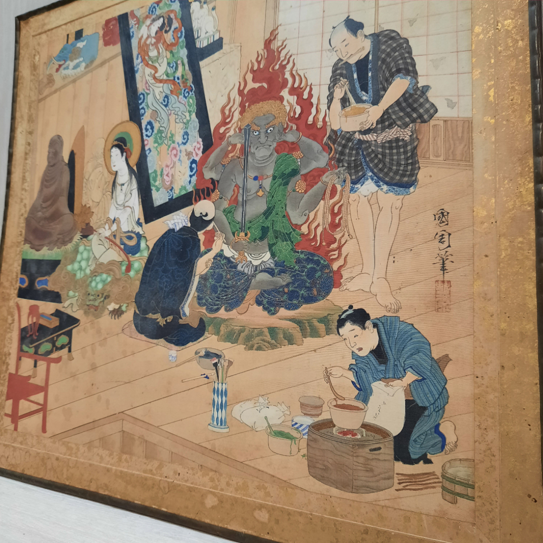 Картина художника Тоёхара Кунитика, ткань, раскрашенная вручную. Полотно 30х33.. Картинка 6